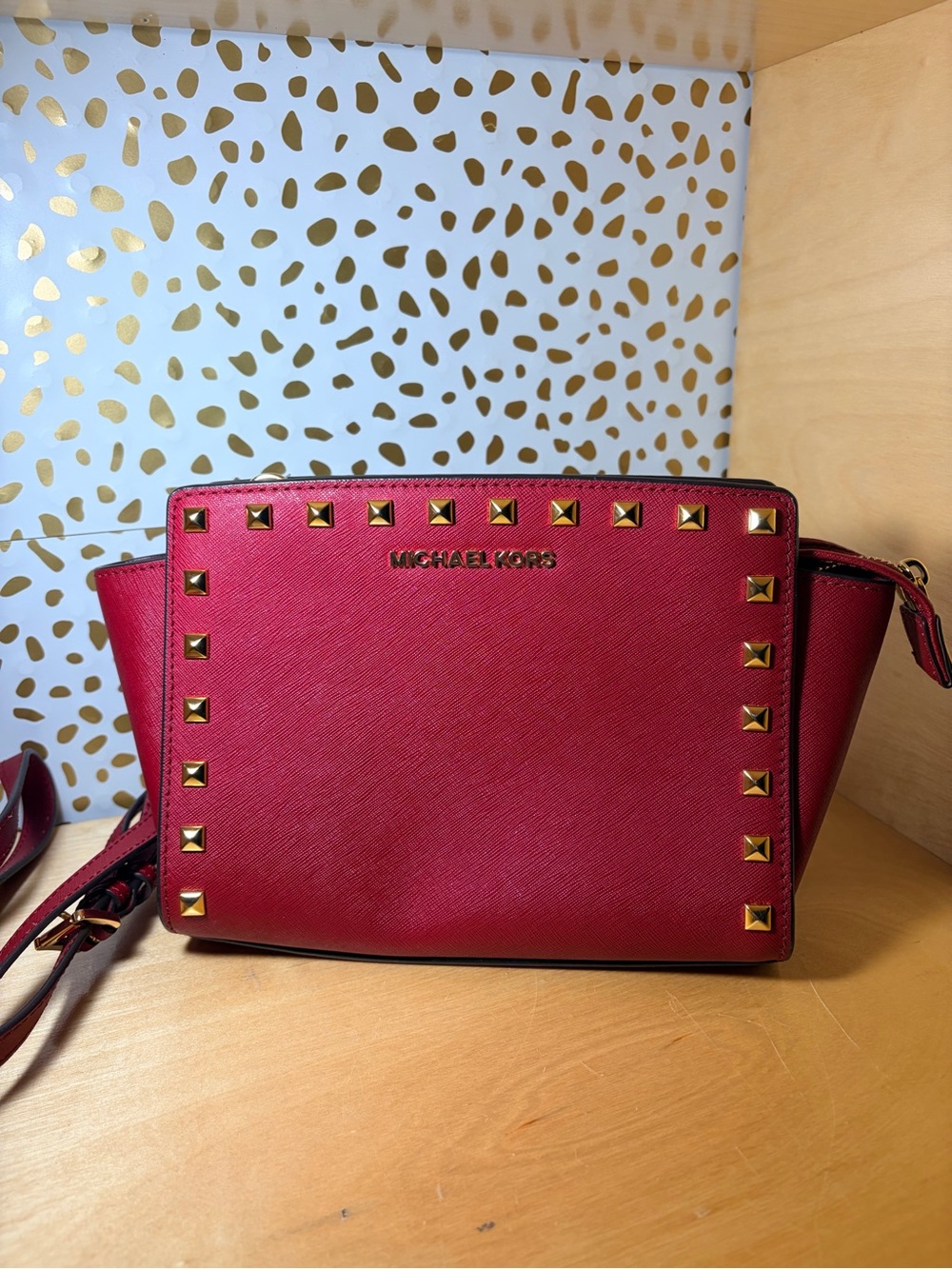Michael Kors Red Saffiano Leather Crossbody with Gold Stud Trim